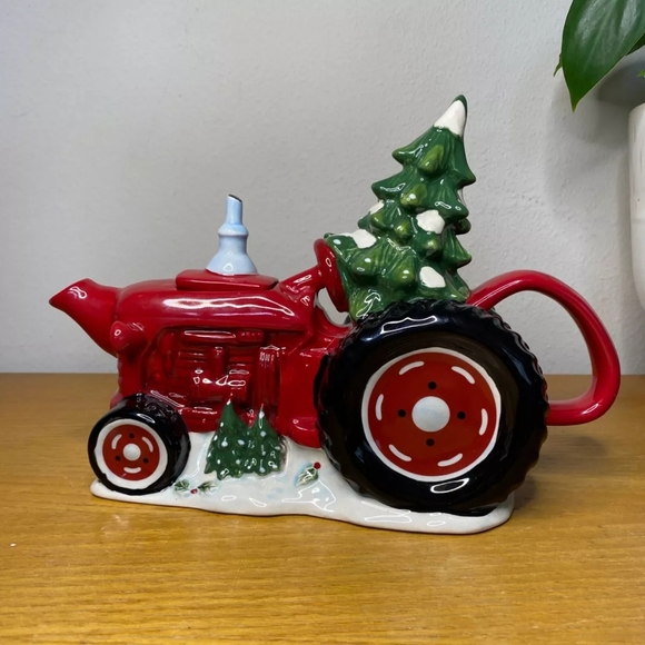 Tractor Tree Ceramic Teapot By Blue Sky Clayworks 9x8” Red - Picture 1 of 3